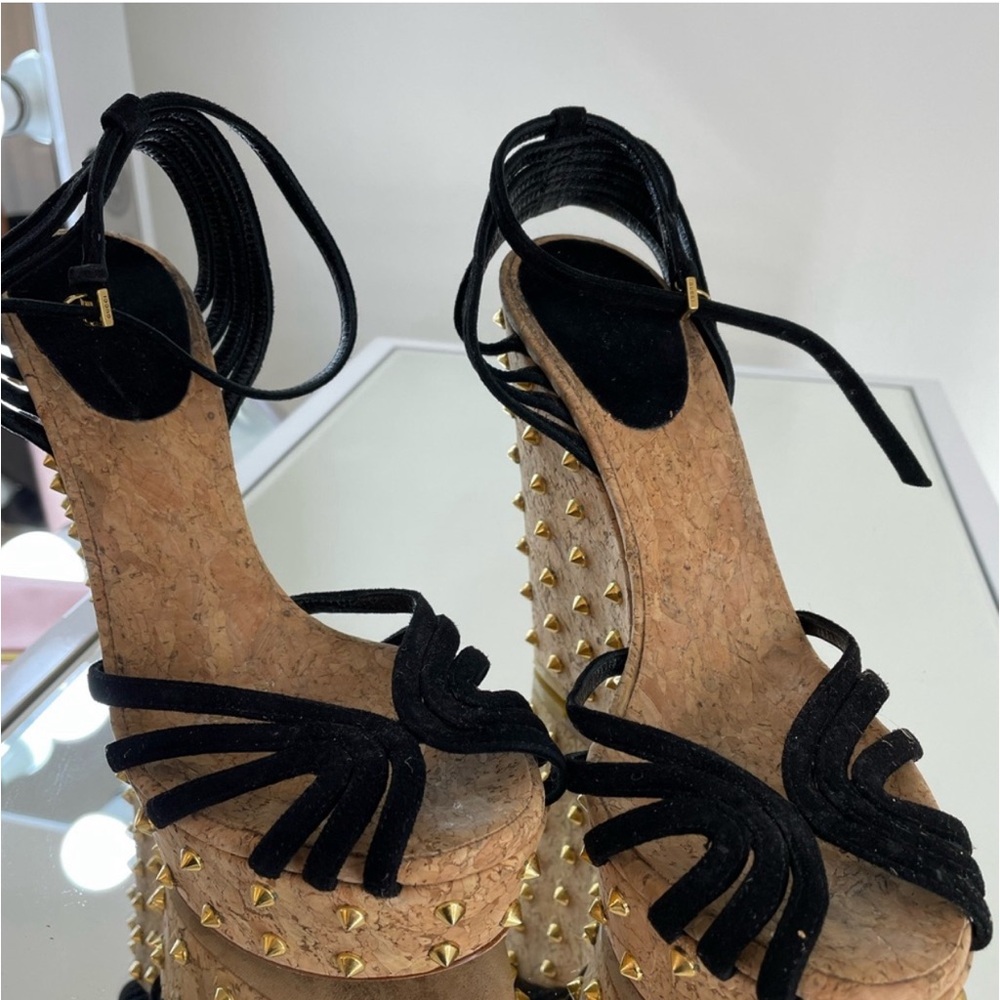 GUCCI Cecyl Black Suede Studded Cork Wedge Sandals Size 9